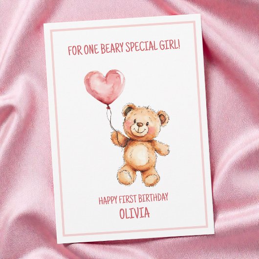 Cute Pink Balloon Teddy Bear Happy 1st Birthday Kaart