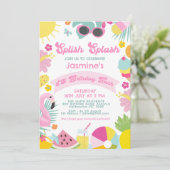 Cute Pink Banner Retro Splish Splash 5th Birthday Kaart (Staand voorkant)