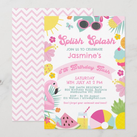 Cute Pink Banner Retro Splish Splash 5th Birthday Kaart (Voorkant / Achterkant)