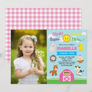 Cute Pink Barnyard Farm Animals 1st Birthday Foto Kaart