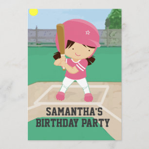 Cute Pink Baseball Girl Birthday Party Kaart