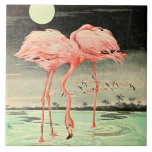  Cute Pink Bird Flamingo and Moon Tegeltje