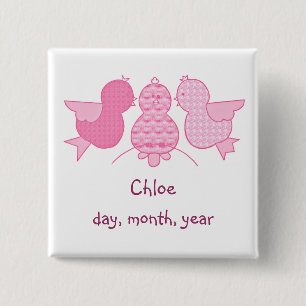 Cute Pink Birds Baby Girl Birth Notice Vierkante Button 5,1 Cm