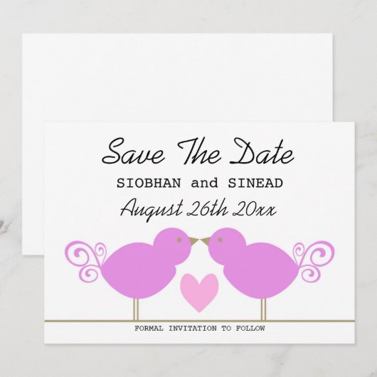 Cute Pink Birds Lesbian Wedding Save the Date (Voorkant / Achterkant)