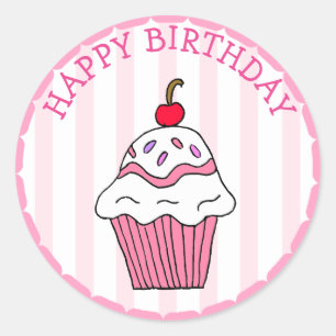 Cute Pink Birthday Cupcake Ronde Sticker