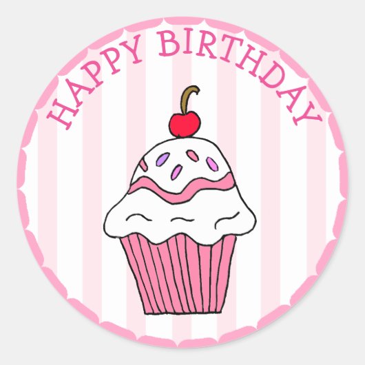 Cute Pink Birthday Cupcake Ronde Sticker (Voorkant)