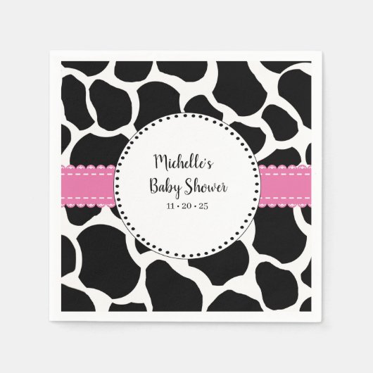 Cute Pink Black Koe Print Name Paper Napkins Servet (Voorkant)