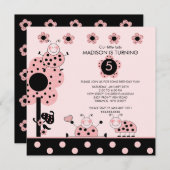 Cute Pink & Black Ladybugs Birthday Invitation Kaart (Voorkant / Achterkant)
