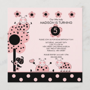 Cute Pink & Black Ladybugs Birthday Invitation Kaart