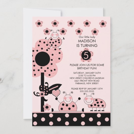 Cute Pink & Black Ladybugs Birthday Invitation Kaart (Voorkant)