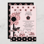 Cute Pink & Black Ladybugs Birthday Invitation Kaart (Voorkant / Achterkant)