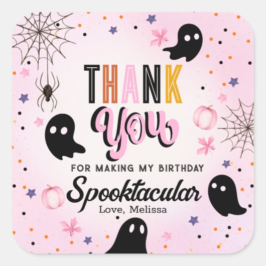 Cute Pink Black Spooktacular Birthday Thank You Vierkante Sticker (Voorkant)