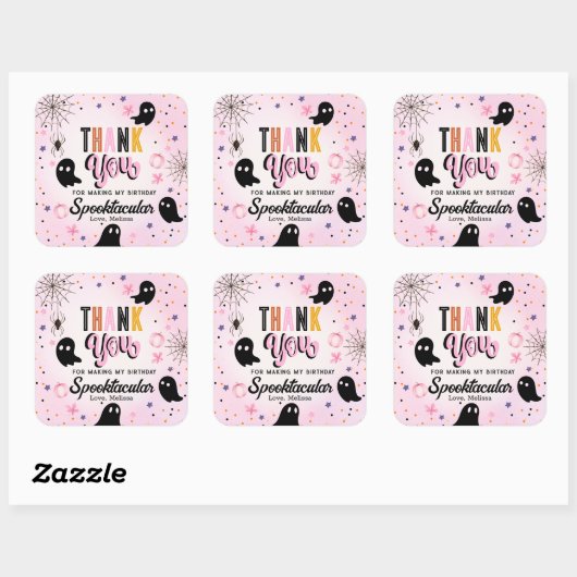 Cute Pink Black Spooktacular Birthday Thank You Vierkante Sticker (Vel)