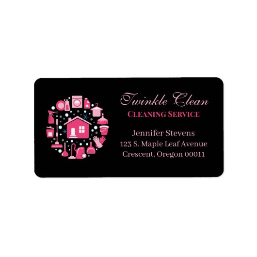 Cute Pink Black Supplies Cleaning Service Business Etiket (Voorkant)