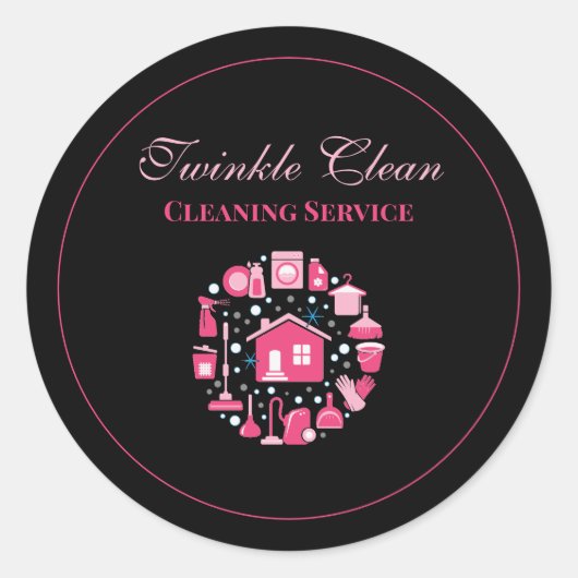 Cute Pink Black Supplies Cleaning Service Business Ronde Sticker (Voorkant)
