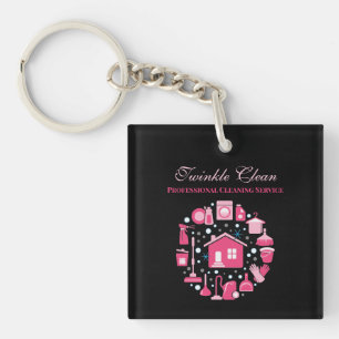 Cute Pink Black Supplies Cleaning Service Business Sleutelhanger