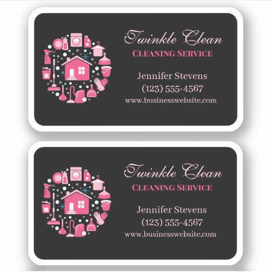 Cute Pink Black Supplies Cleaning Service Business Sticker (Voorkant)