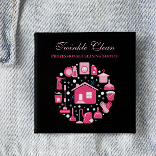 Cute Pink Black Supplies Cleaning Service Business Vierkante Button 5,1 Cm