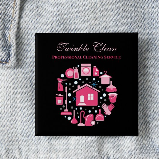 Cute Pink Black Supplies Cleaning Service Business Vierkante Button 5,1 Cm