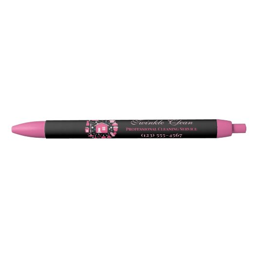 Cute Pink Black Supplies Cleaning Service Business Zwarte Inkt Pen (Voorkant)