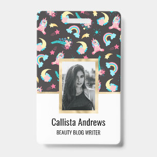Cute Pink Black Unicorn Rainbow Floral Stars Badge
