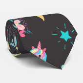 Cute Pink Black Unicorn Rainbow Floral Stars Stropdas (Opgerold)