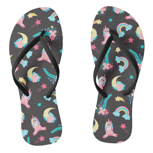 Cute Pink Black Unicorn Rainbow Floral Stars Teenslippers (Voetbed)