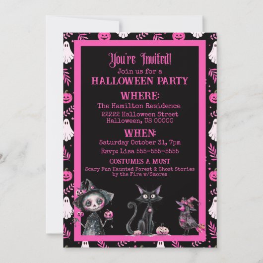 Cute Pink Black White Halloween Party Invitation Kaart (Voorkant)