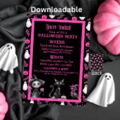 Cute Pink Black White Halloween Party Invitation Kaart
