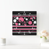 Cute Pink Black White Stripes Polka Dots Pattern Vierkante Klok (Huis)