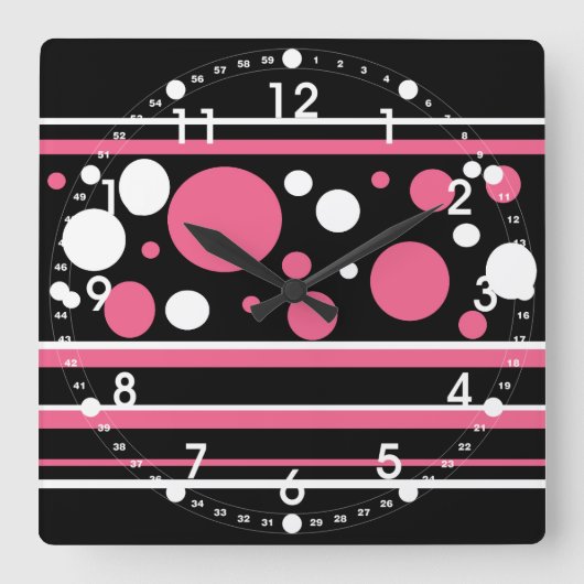 Cute Pink Black White Stripes Polka Dots Pattern Vierkante Klok (Voorkant)