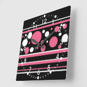 Cute Pink Black White Stripes Polka Dots Pattern Vierkante Klok (Hoek)