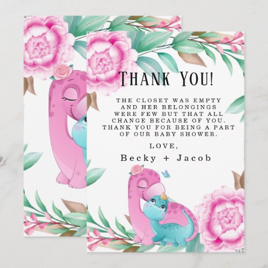 Cute Pink Blauwgroen Dinosaur Baby shower Hartelij Bedankkaart (Voorkant / Achterkant)