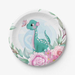 Cute Pink Blauwgroen Dinosaur Butterfly Girl Baby  Papieren Bordje