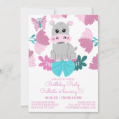 Cute Pink Blauwgroen Hippo Floral Butterfly Birthd Kaart (Voorkant)