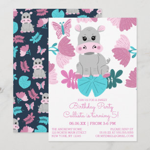Cute Pink Blauwgroen Hippo Floral Butterfly Birthd Kaart