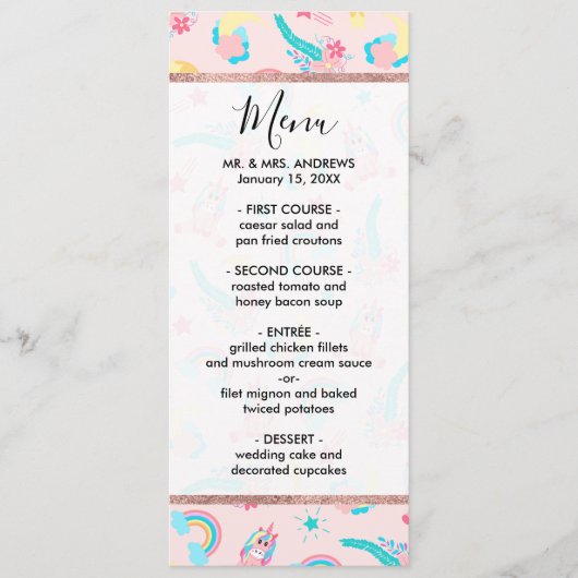 Cute Pink Blauwgroen Unicorn Rainbow Floral Stars Menu (Voorkant)