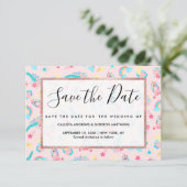 Cute Pink Blauwgroen Unicorn Rainbow Floral Stars Save The Date (Staand voorkant)