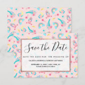 Cute Pink Blauwgroen Unicorn Rainbow Floral Stars Save The Date (Voorkant / Achterkant)