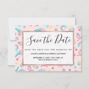Cute Pink Blauwgroen Unicorn Rainbow Floral Stars Save The Date