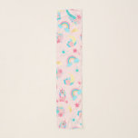 Cute Pink Blauwgroen Unicorn Rainbow Floral Stars Sjaal<br><div class="desc">Dit schattige en magische patroon is perfect voor de vrolijke en trendy vrouw of meisje. Het bevat handgetekende illustraties van eenhoorns, bloemen met bladeren, regenbogen en schietsterren boven op een simpele zwarte roze achtergrond. Het thema van de ontwerpkleur omvat de roze bubblegum, wazige roze, blauwgroen groen, periwinkle blauw, paars, geel...</div>