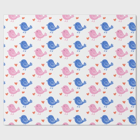 Cute Pink Blue Bird Heart Pattern Repeating Love Cadeaupapier (Vlak)