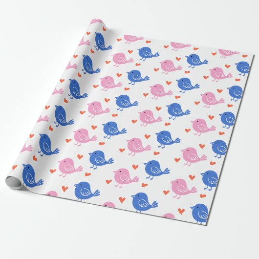 Cute Pink Blue Bird Heart Pattern Repeating Love Cadeaupapier (Uitgerold)