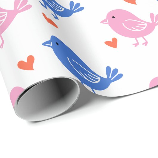 Cute Pink Blue Bird Heart Pattern Repeating Love Cadeaupapier (Rol Hoek)