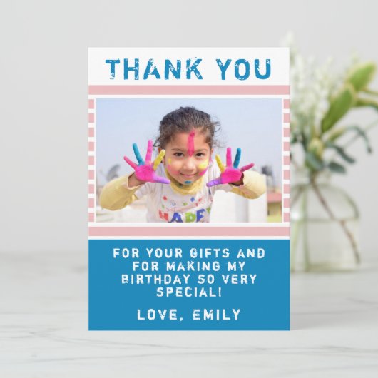 Cute Pink Blue Birthday Bedankt voor je foto-kaart (Staand voorkant)