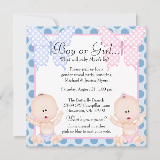 Cute Pink & Blue Butterfly Gender onthullen Invite Kaart (Voorkant)