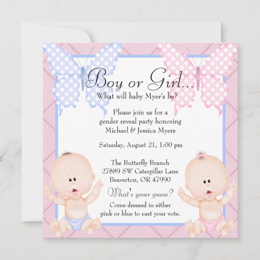 Cute Pink & Blue Butterfly Gender onthullen Invite Kaart (Voorkant)
