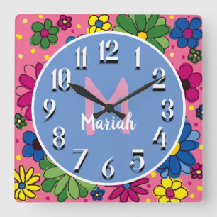 Cute Pink Blue Green Yellow Florence Monogram Vierkante Klok