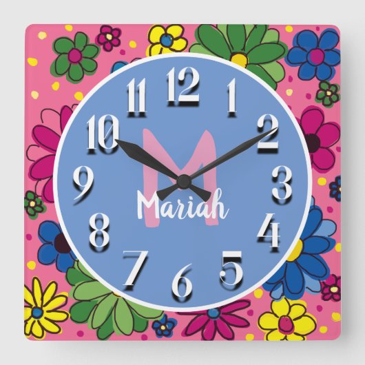 Cute Pink Blue Green Yellow Florence Monogram Vierkante Klok (Voorkant)