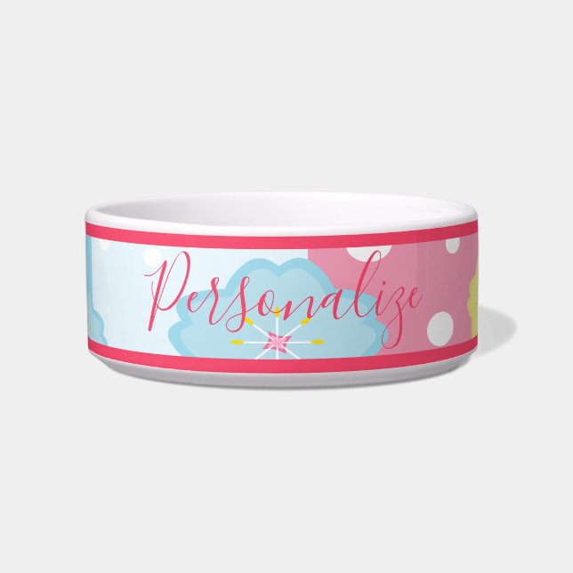 Cute Pink Blue Pastel Design Personated Dog Cat Voerbakje (Voorkant)